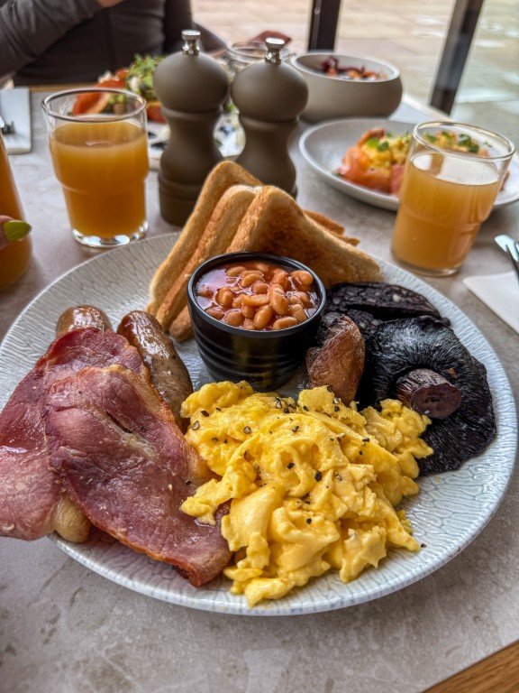 Full English breakfast on a table